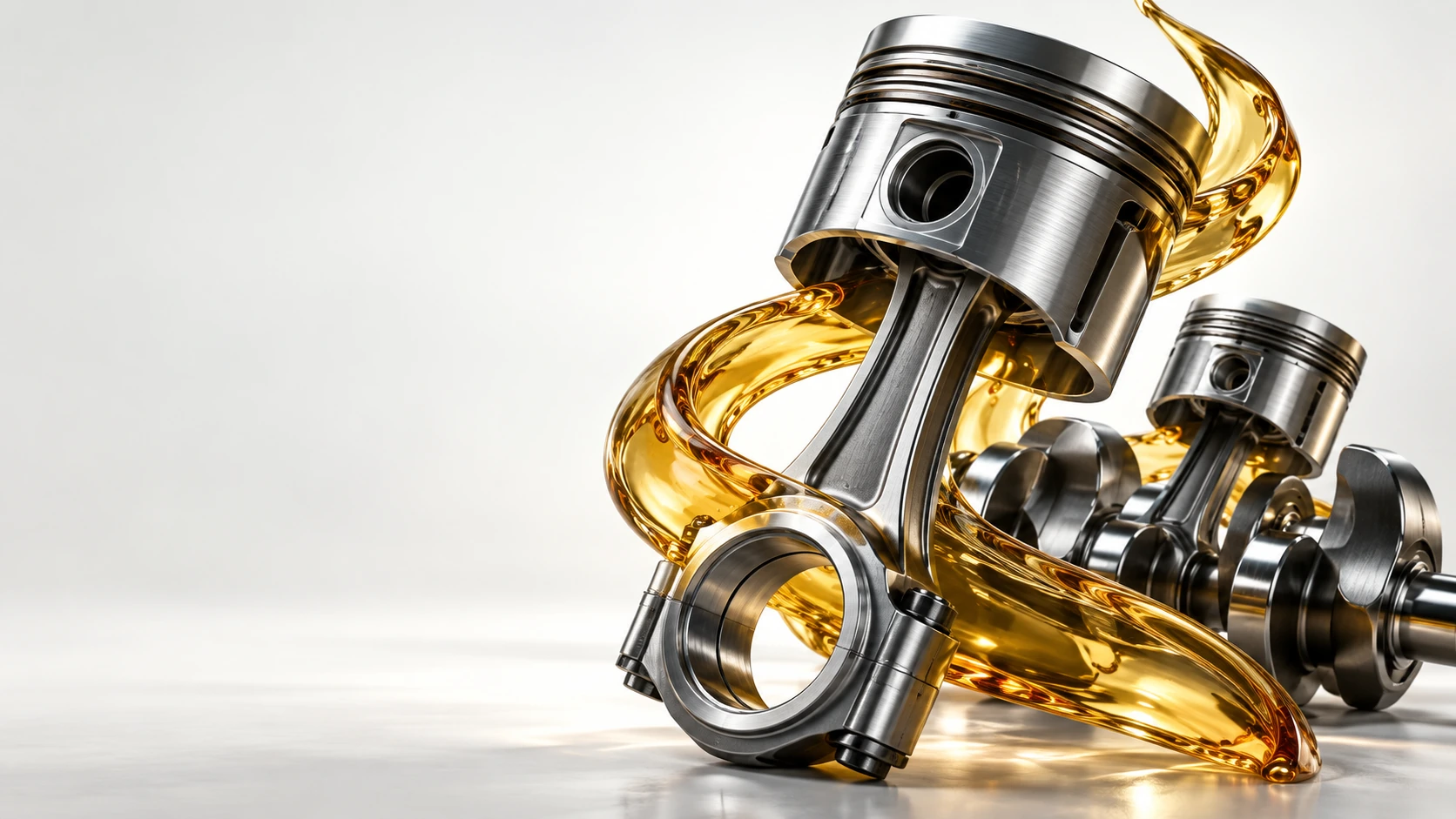 Conceptual artwork of polished engine pistons wrapped in flowing golden lubricant